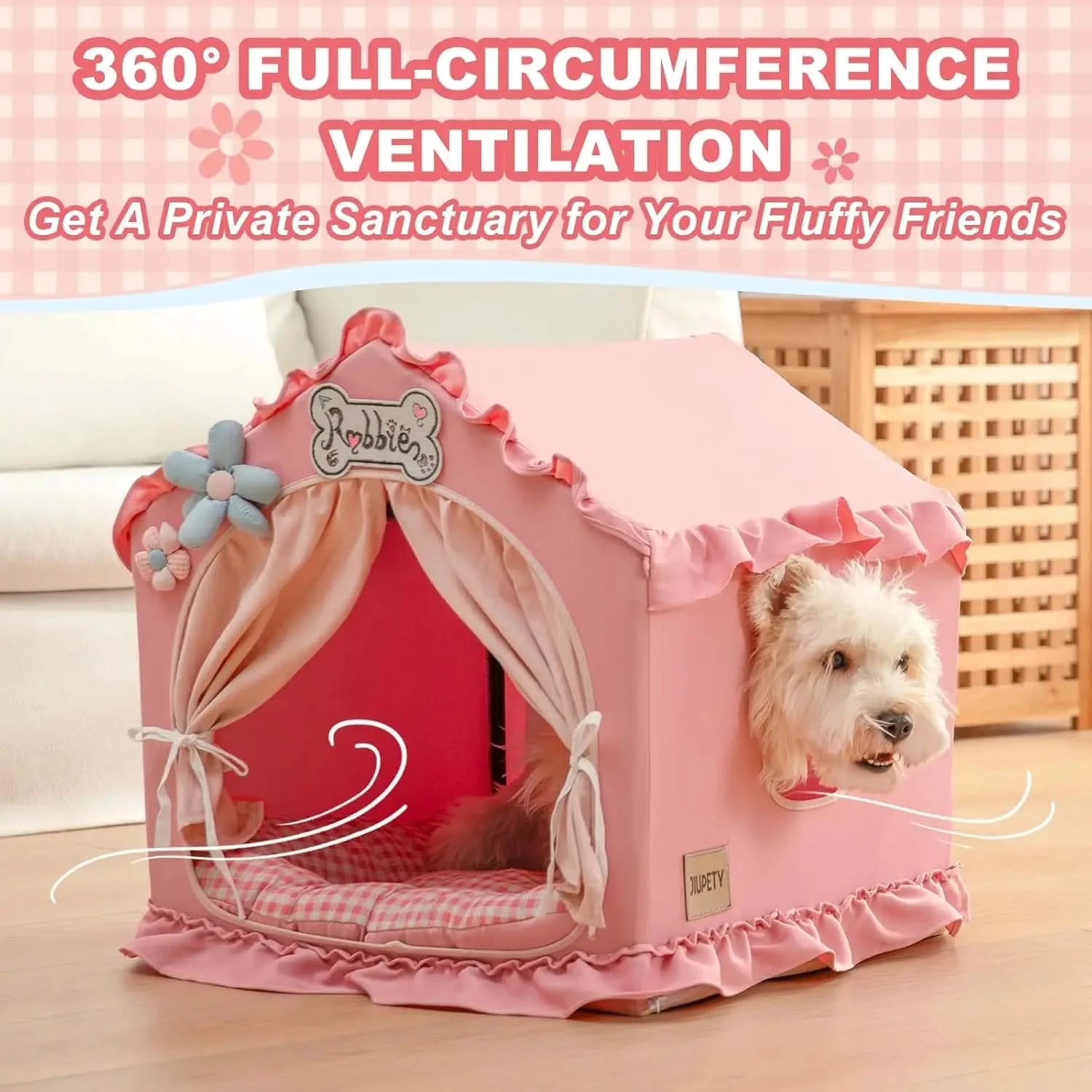 Jiupety Pink Indoor Dog Tent Bed with Frame, Breathable Washable Foldable Pet Cave for Small Dogs & Cats