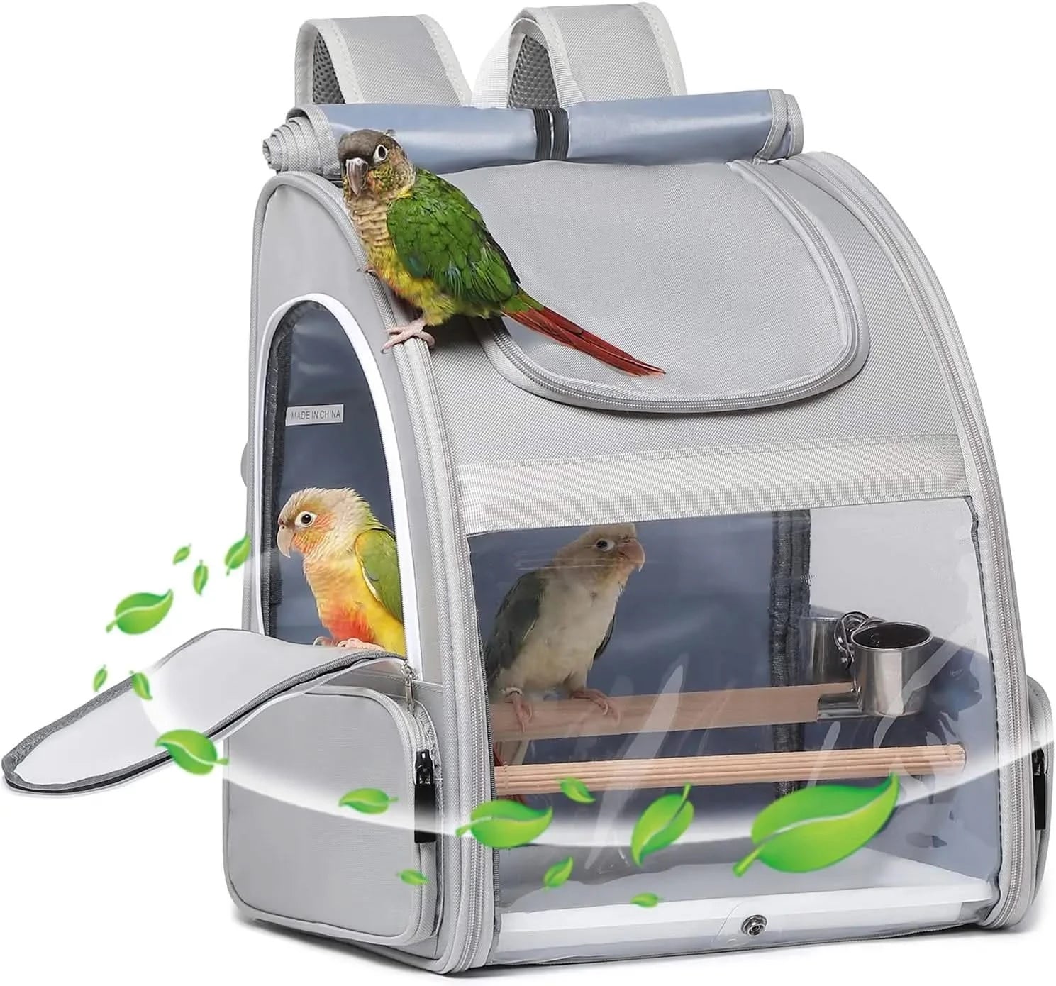 Gray Portable Bird Travel Carrier Backpack for Small Parrots & Cockatiels