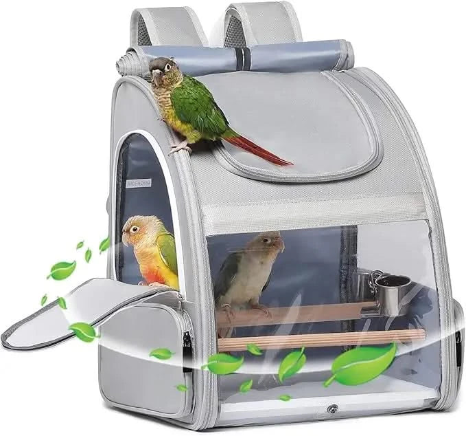 Gray Portable Bird Travel Carrier Backpack for Small Parrots & Cockatiels