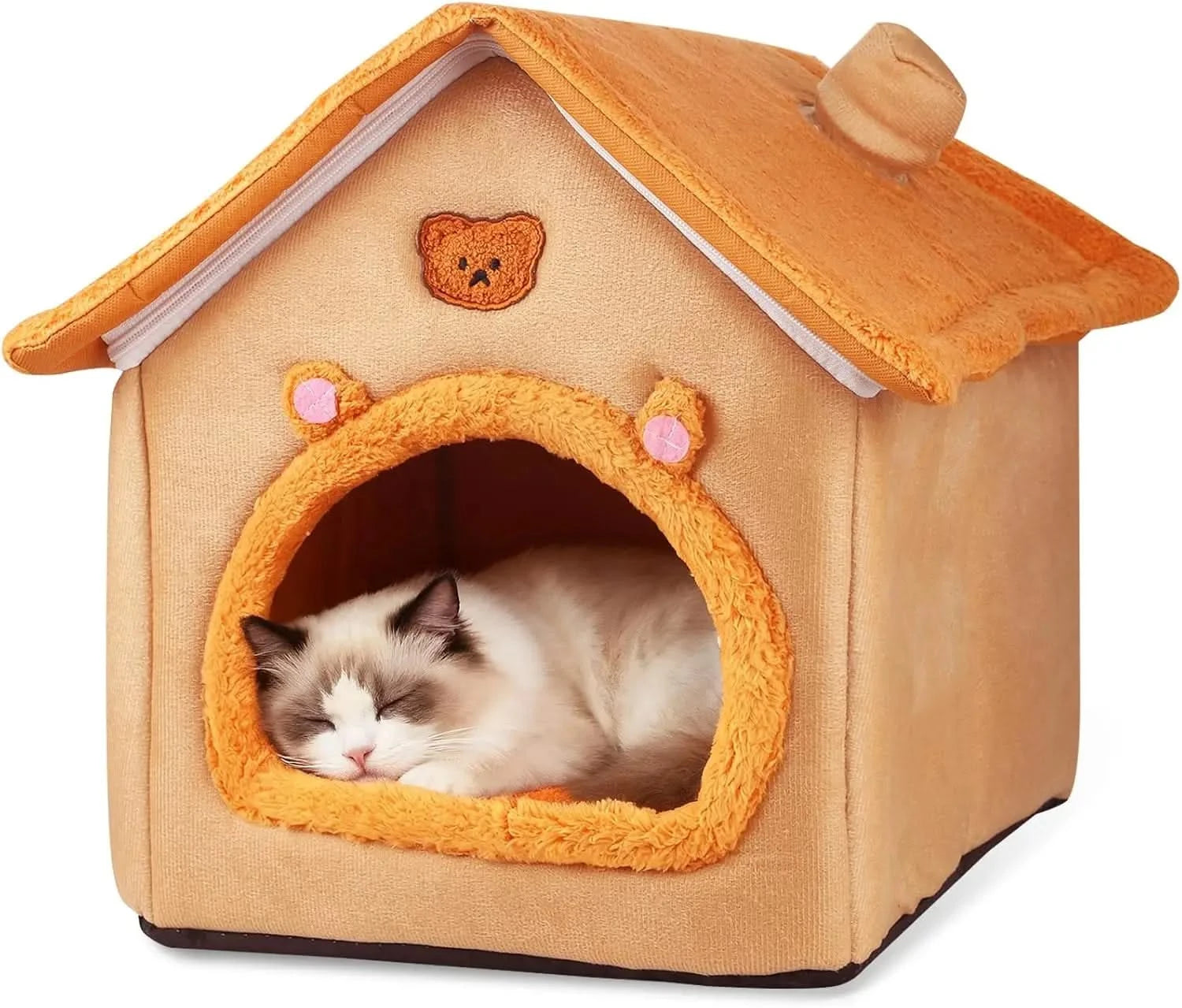 Plush Orange Indoor Cat Dog House Tent Bed - Non-Slip Cozy Comfort