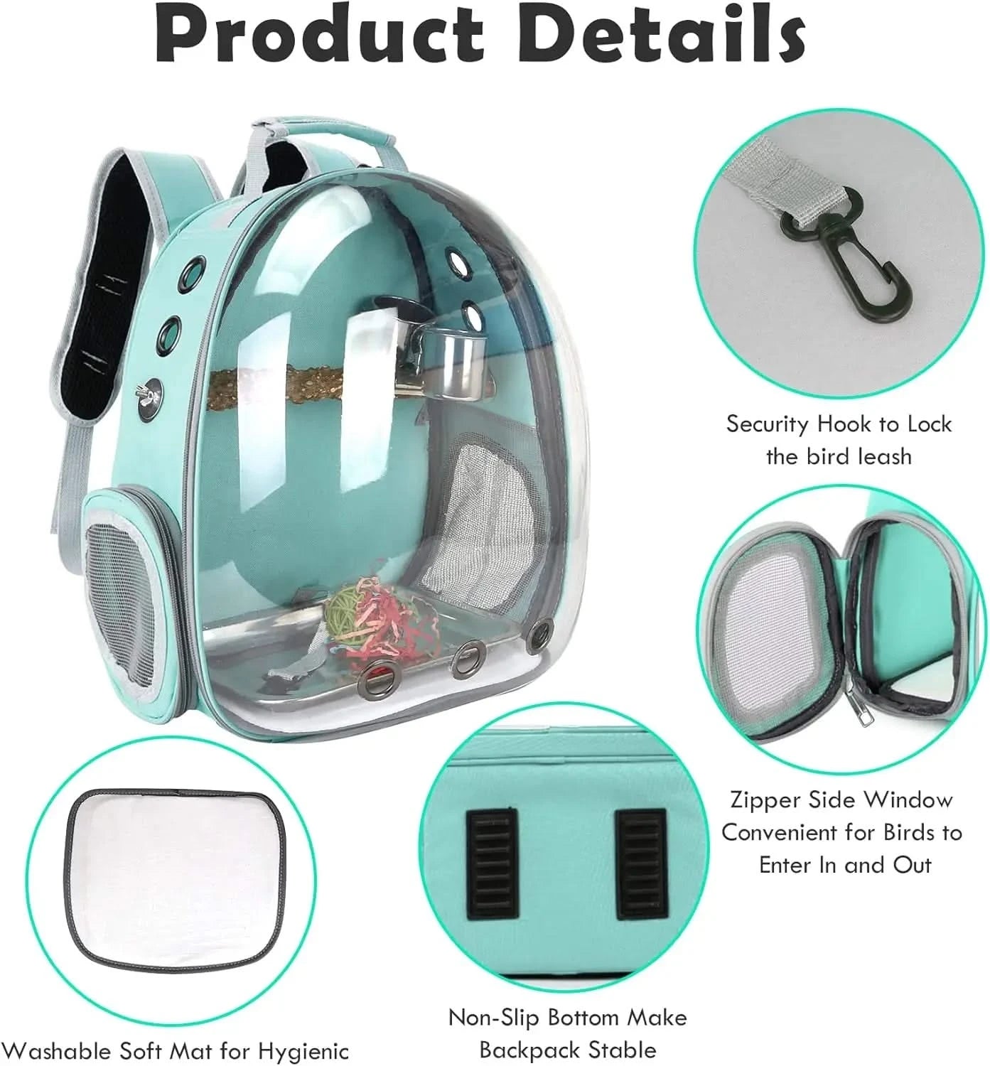 Clear View Bird Travel Backpack Carrier with Perch & Bowls for Small Parrots & Animals