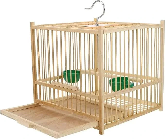 Kisangel Bamboo Small Bird Travel Cage with Hanging Hook & Tray