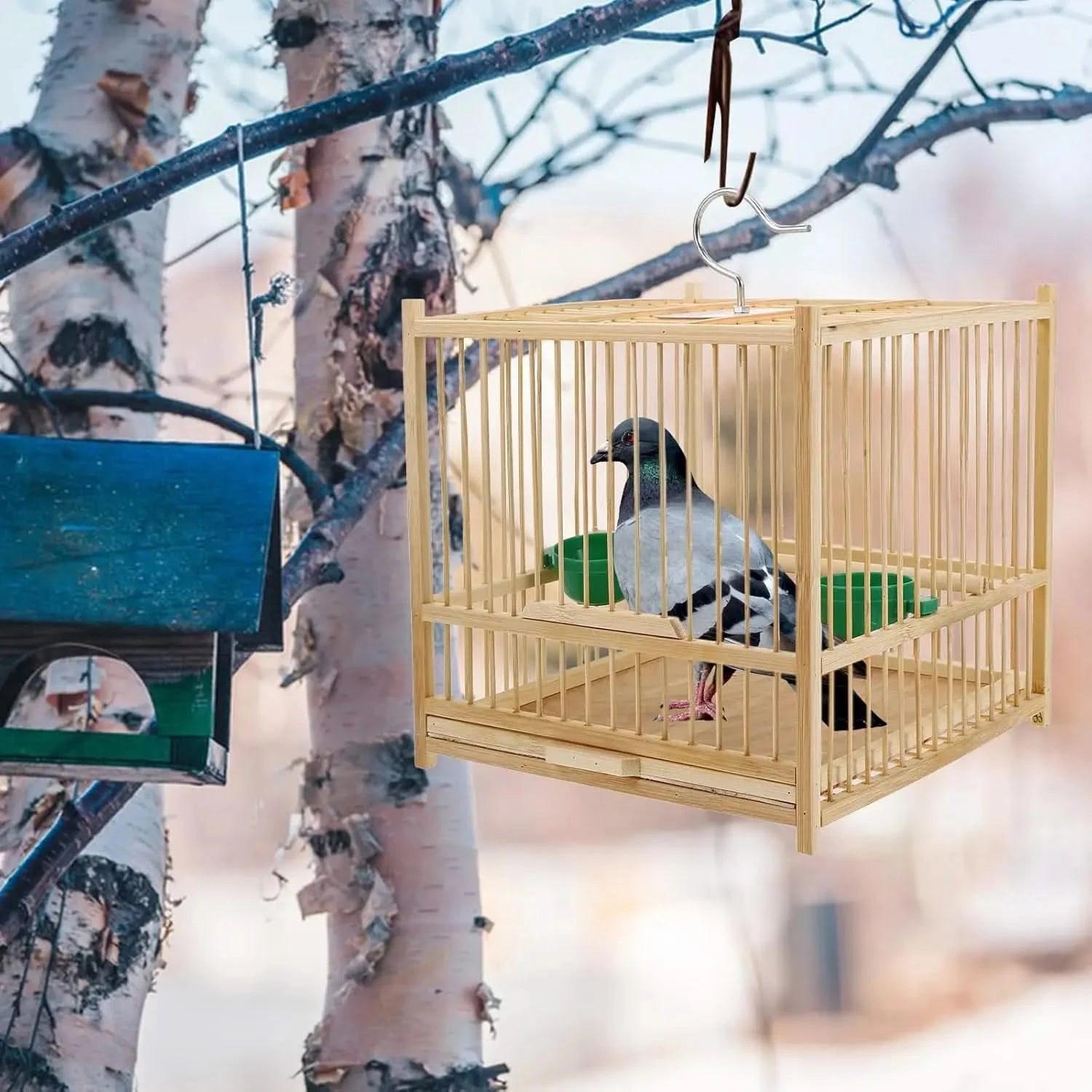 Kisangel Bamboo Small Bird Travel Cage with Hanging Hook & Tray