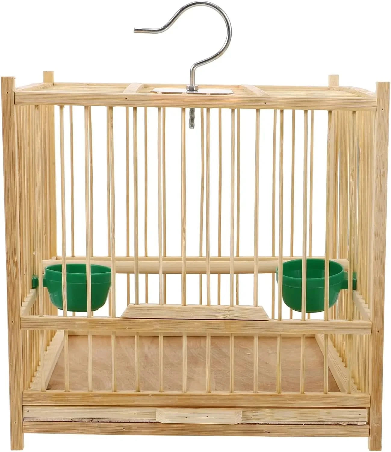 Kisangel Bamboo Small Bird Travel Cage with Hanging Hook & Tray