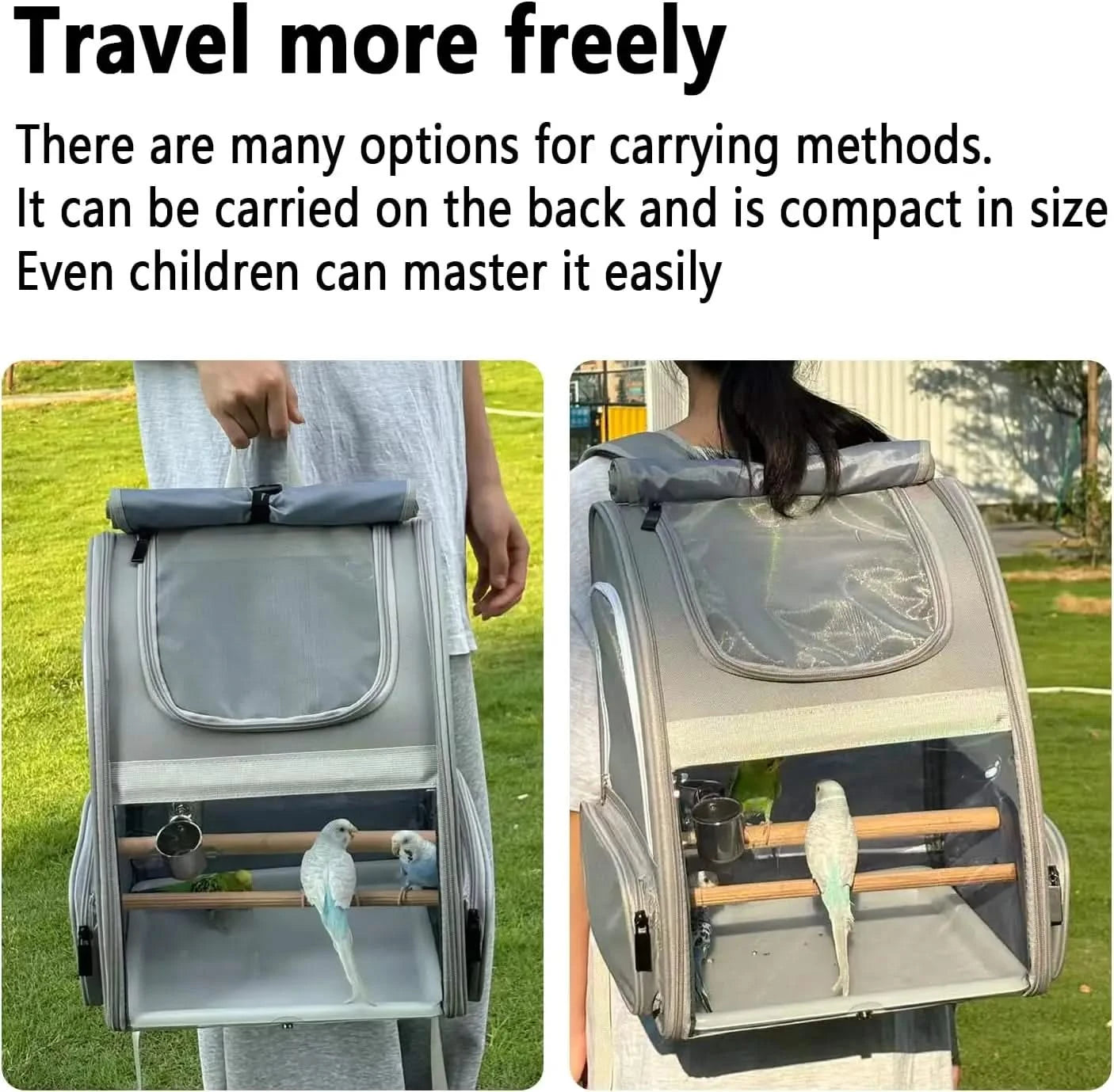 Gray Portable Bird Travel Carrier Backpack for Small Parrots & Cockatiels
