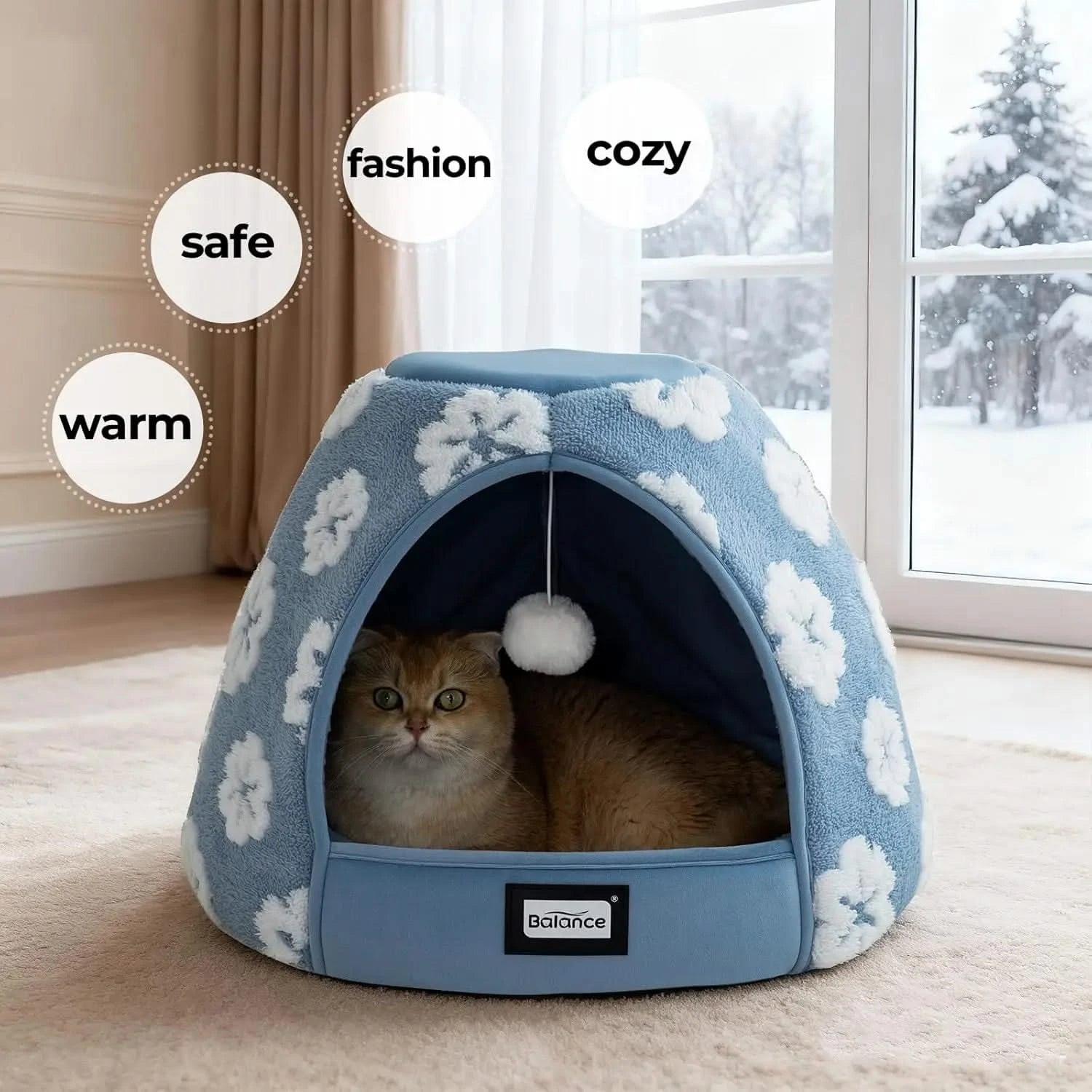 BALANCE Cozy 2-in-1 Plush Cat Bed Cave - Anti-Slip Den