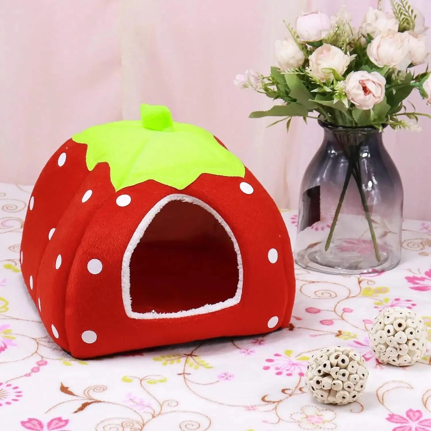 Warm Washable Strawberry Fleece Cuddle Bed for Small Pets