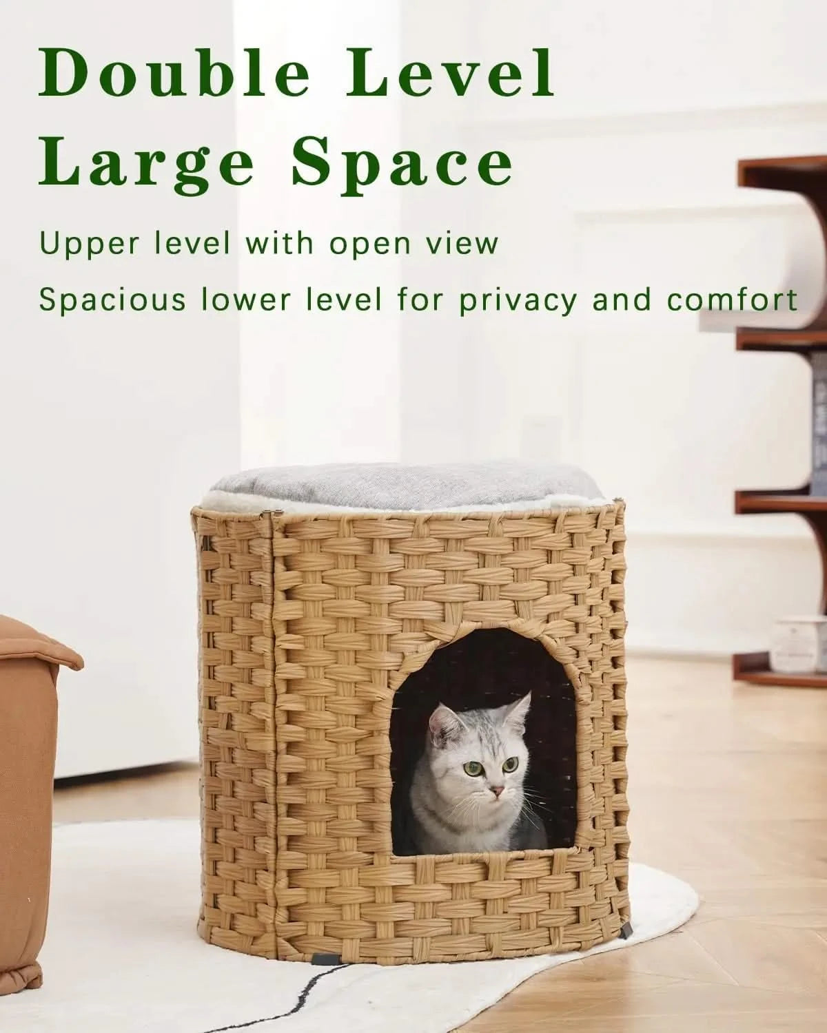 Premium Handwoven Rattan Cat House: Large Double Bed for Indoor Cats