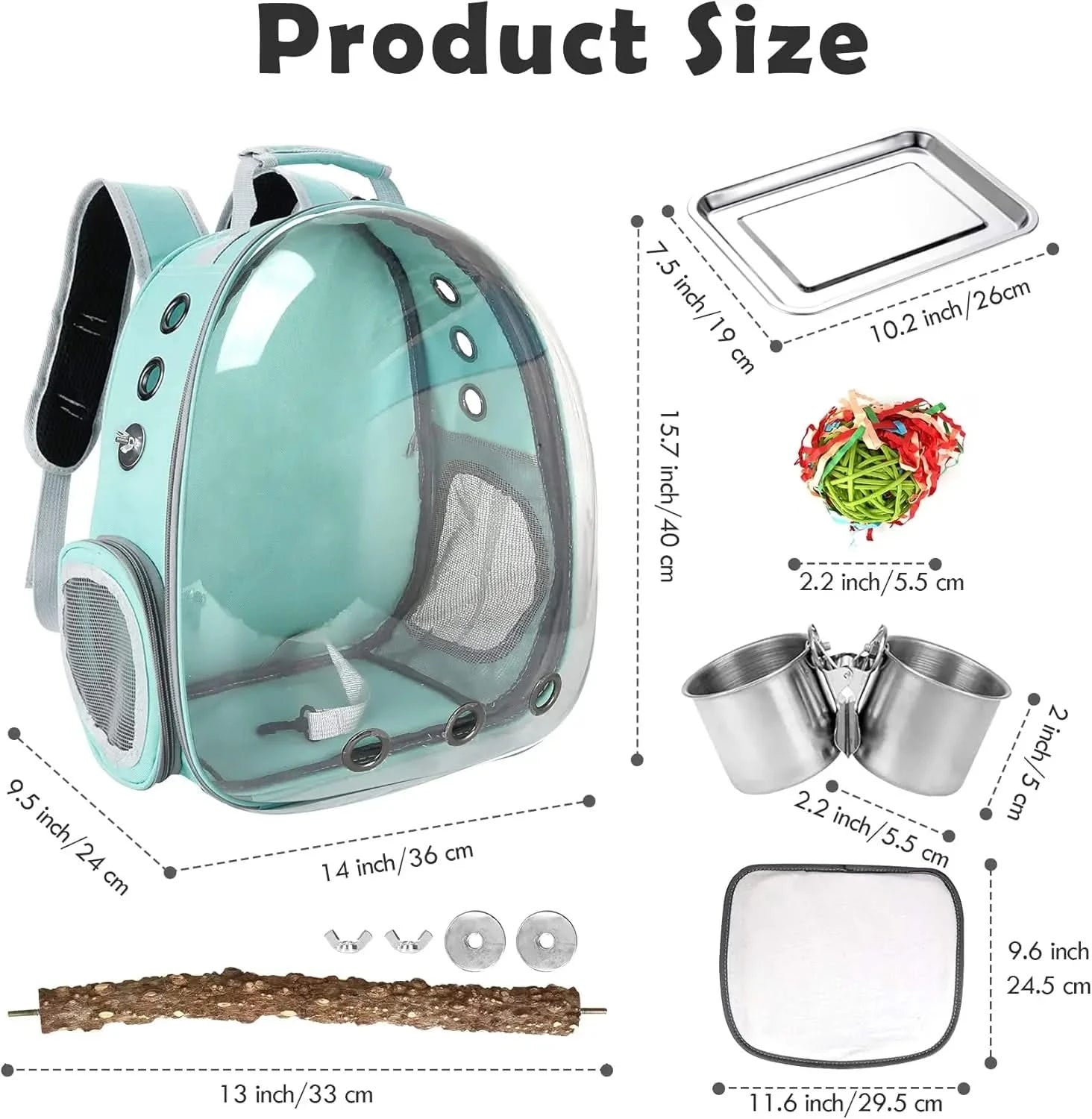 Clear View Bird Travel Backpack Carrier with Perch & Bowls for Small Parrots & Animals