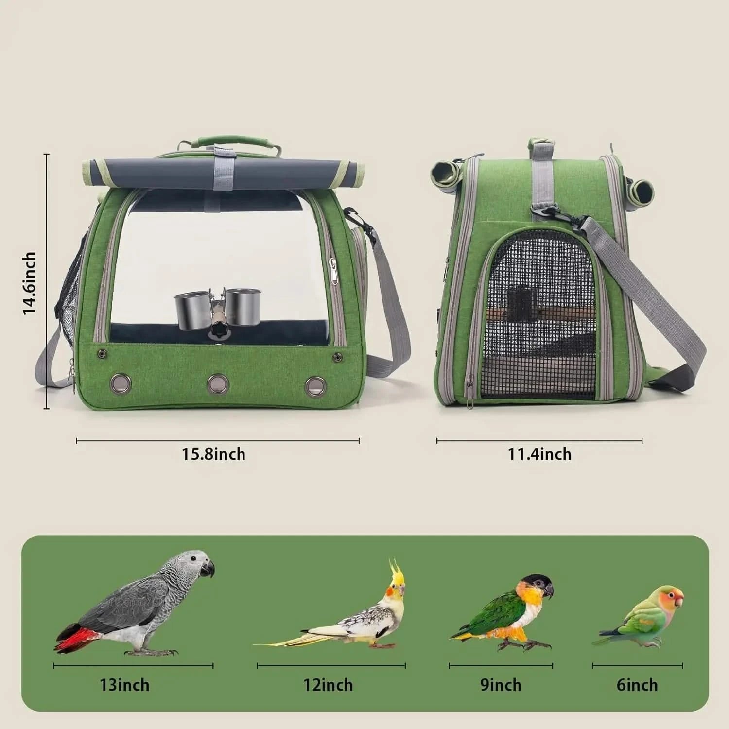 KREACHUR Portable Bird Travel Carrier: Clear Window, Perch, Food Bowls, Breathable