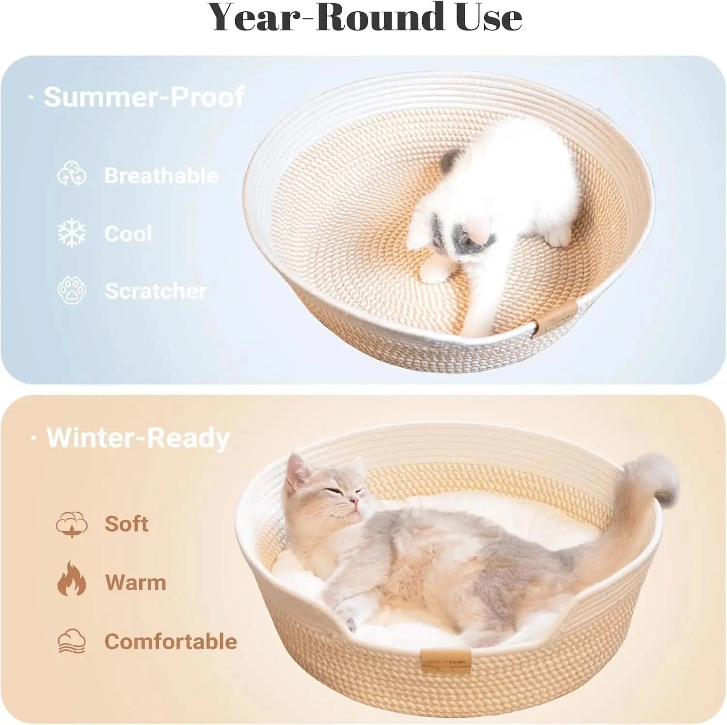 CHEERHOME PETS Woven Cat Basket Bed, Plush Cushion for All-Season Comfort