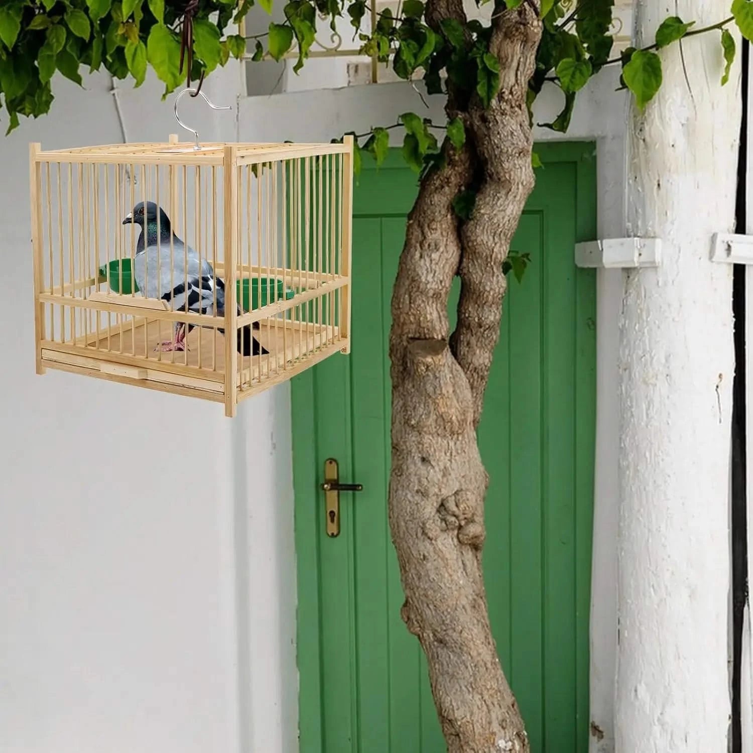 Kisangel Bamboo Small Bird Travel Cage with Hanging Hook & Tray