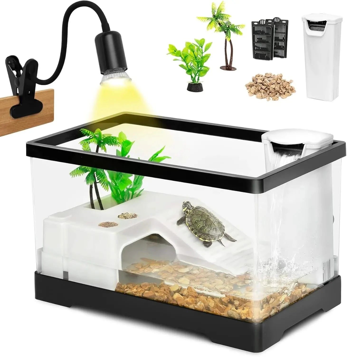 AZV Small PC Indoor Turtle Habitat Kit: Filtered, Lit, with Basking Platform