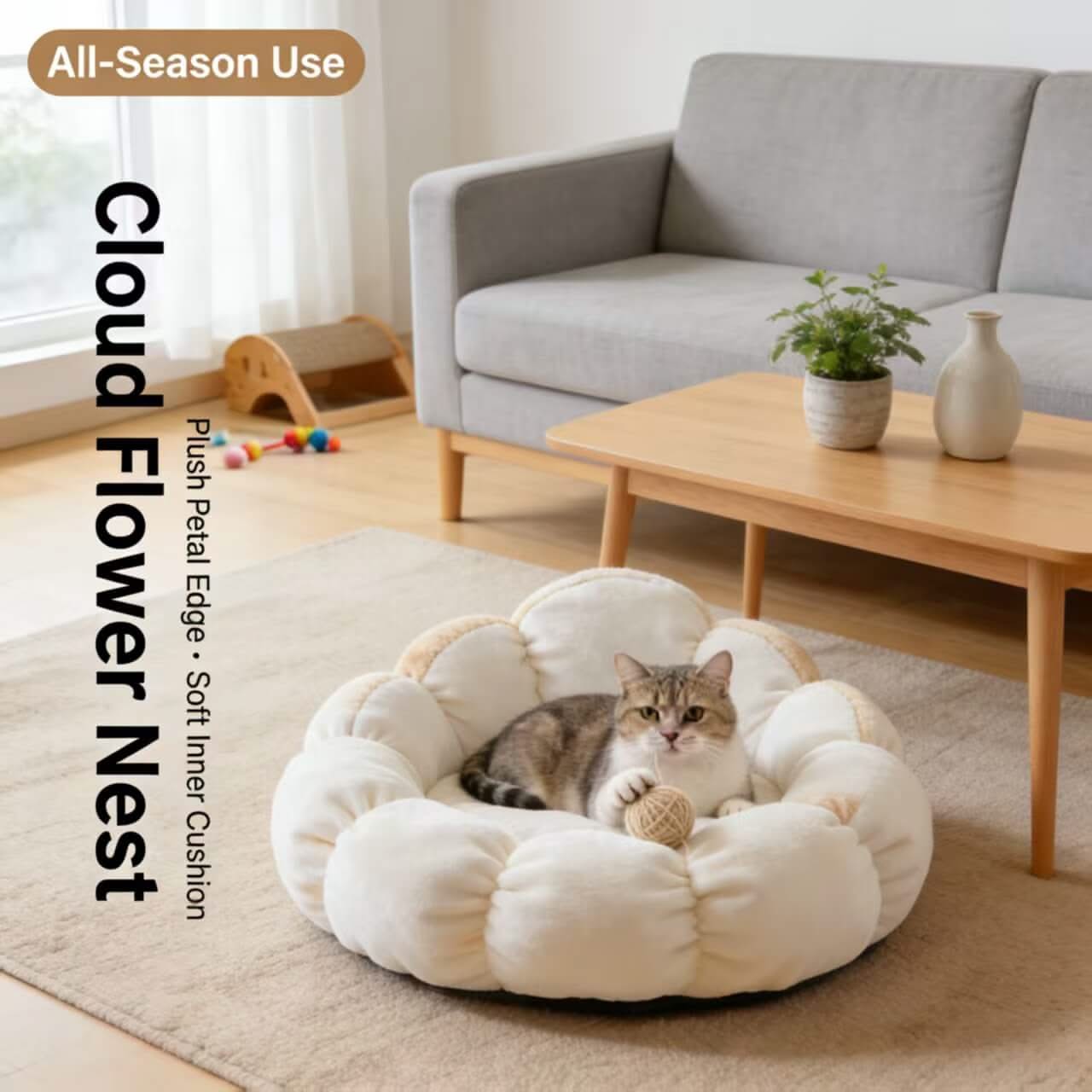 Plush Comfort Pet Bed for Cats- Flower-Shaped, Soft Fleece, Cozy Cushion (Beige-White, All-Season)