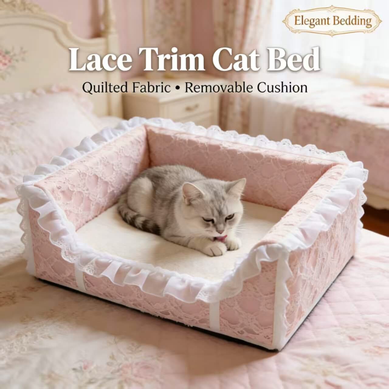 Lace Trimmed Square Cat Bed , Soft Fabric Pink for Cats