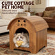 Cute Cat-Face Wooden Cat House - Curved Roof, Cushioned, For Indoor Cats