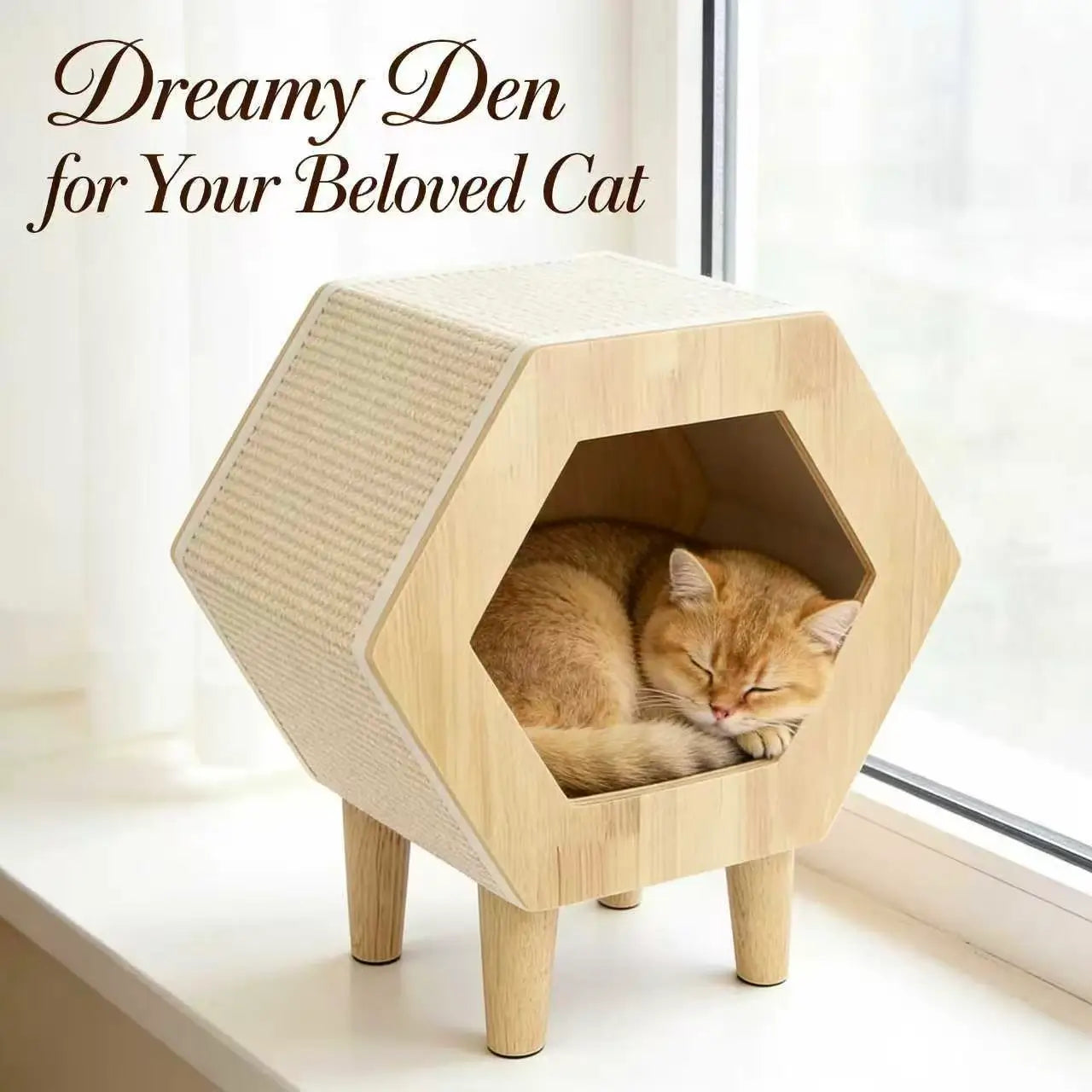Hexagonal Wooden Cat Cave & Scratcher: Elevated Multi-Functional Hideaway, Modern Furniture for Indoor Cats