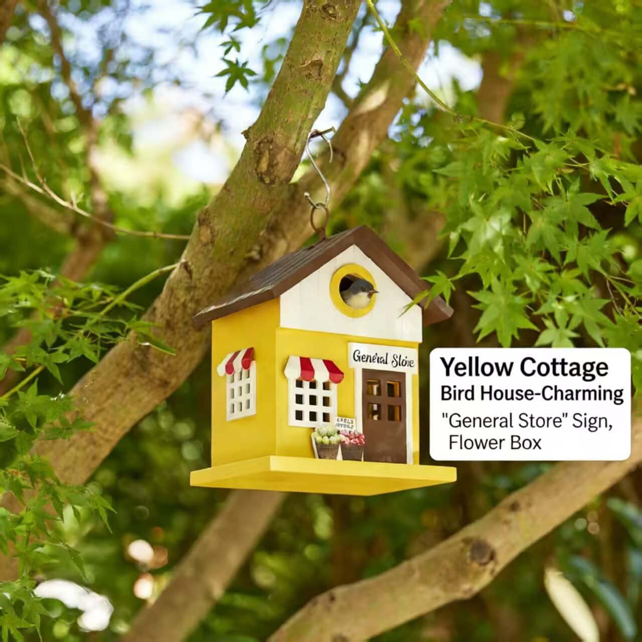 Charming Yellow Cottage Bird House: "General Store" Sign, Flower Box for Small Birds