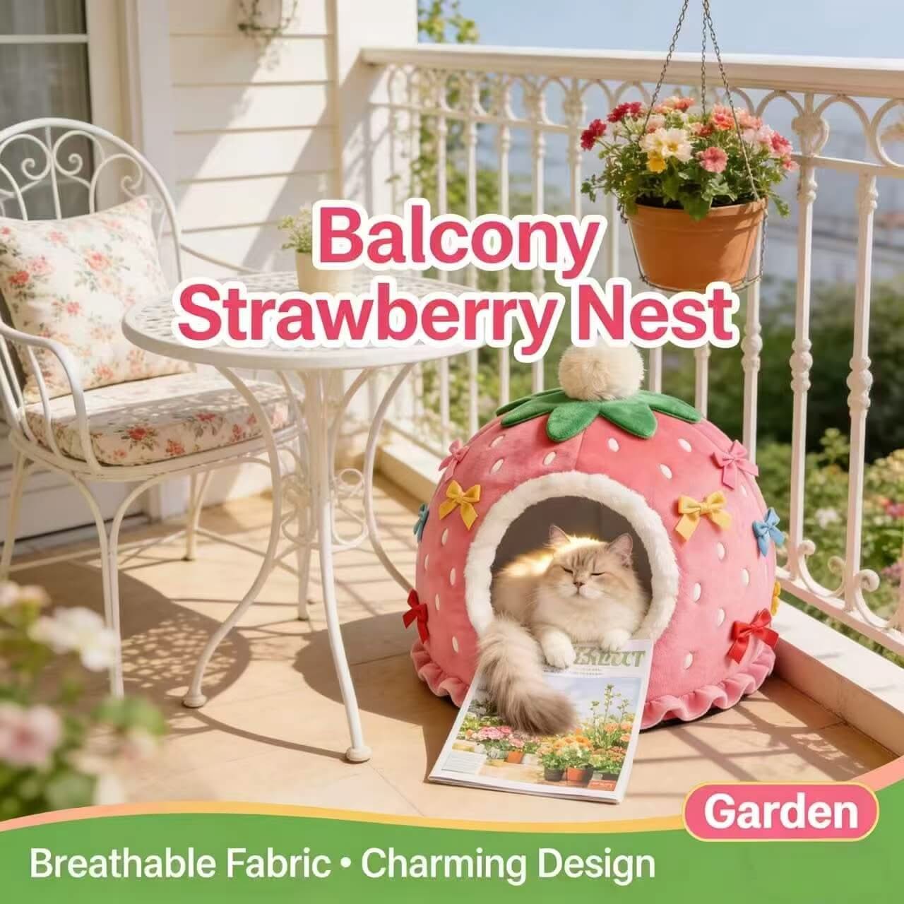 Adorable Strawberry Pet Cave Bed for Cats - Bow Decor, Ruffled, Plush, Pink, Cozy Hiding Spot, All-Season