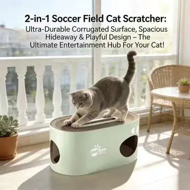 2-in-1 Cat Scratcher: Hideaway, Double-Layer, Scratching Surface (Light Green-Beige)