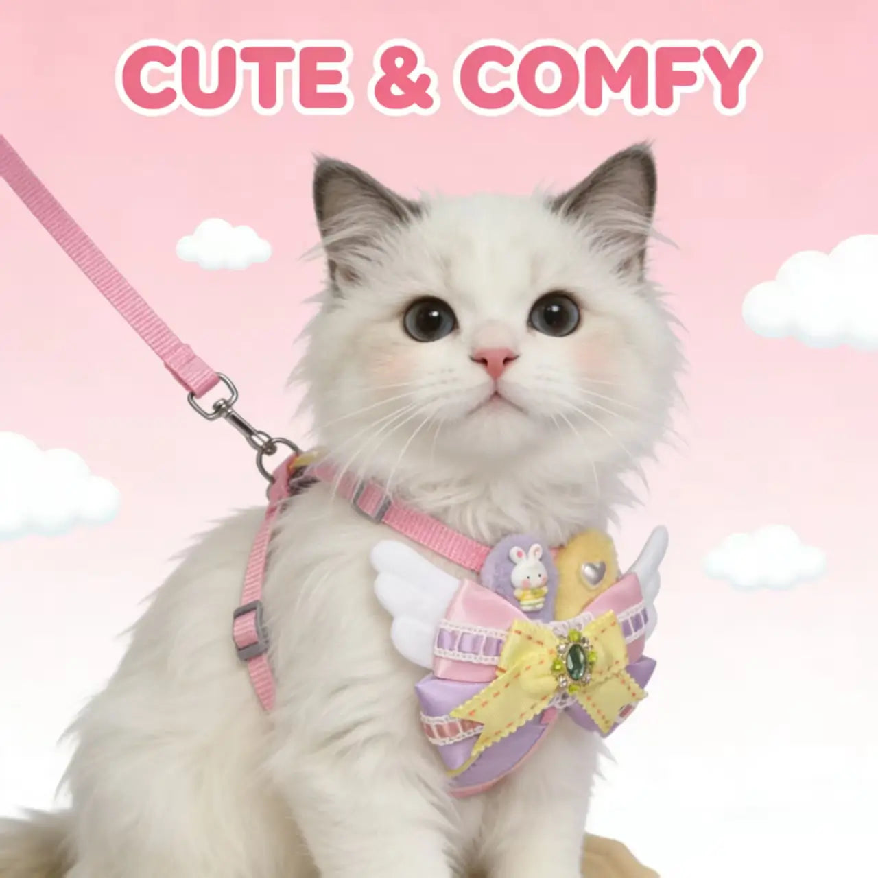 Escape-Proof Cat Harness & Leash: Angel Wing & Bunny Accent, Sweet Lolita Style
