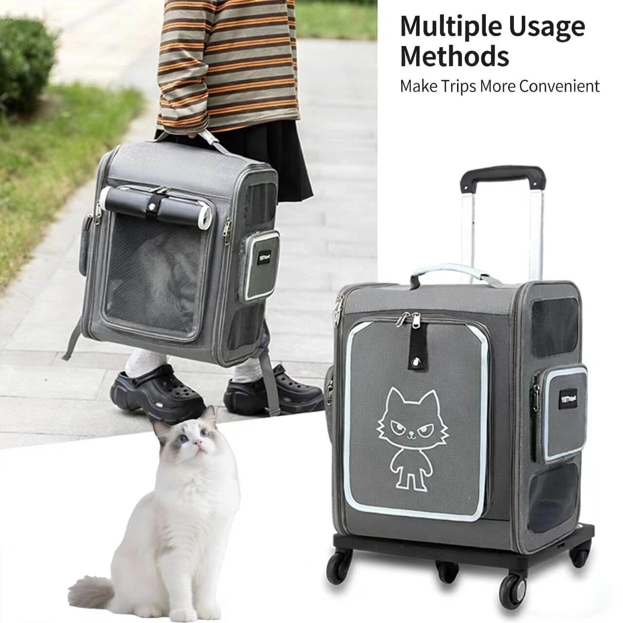 Expandable Pet Carrier Backpack - Ventilated Mesh, Cat Print, Gray