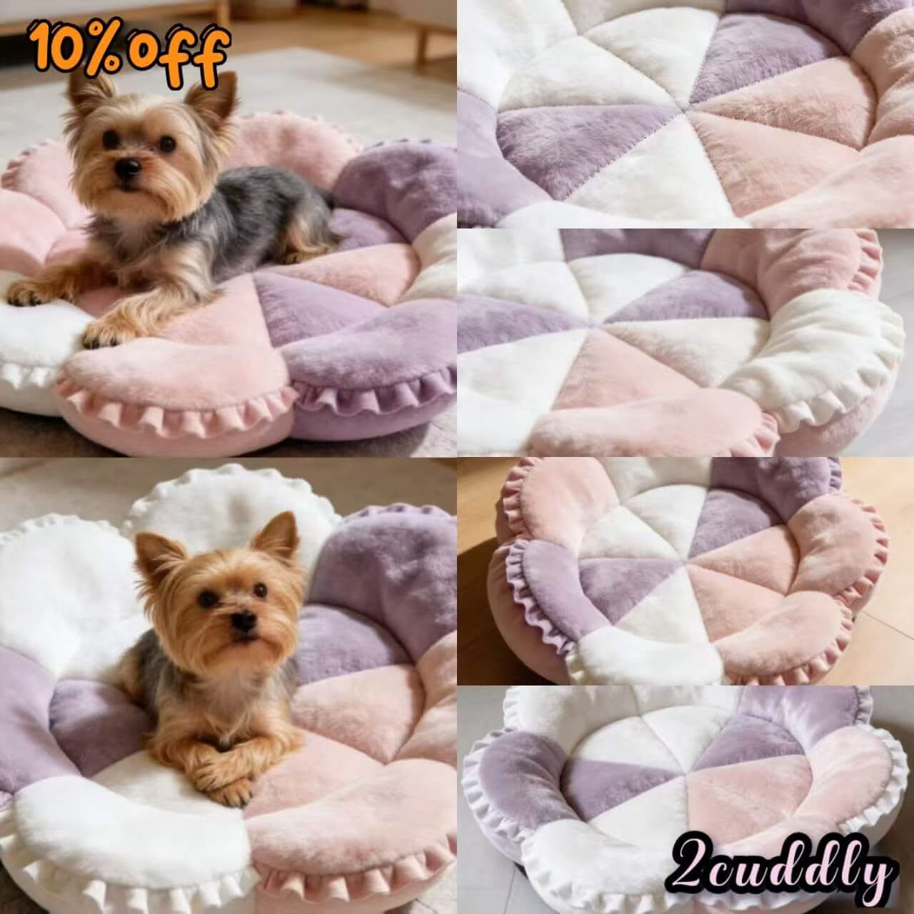 Floral-Inspired Pet Bed for Dogs - Multi-Petal, Pink/Purple, Lace Trim, Plush Fabric