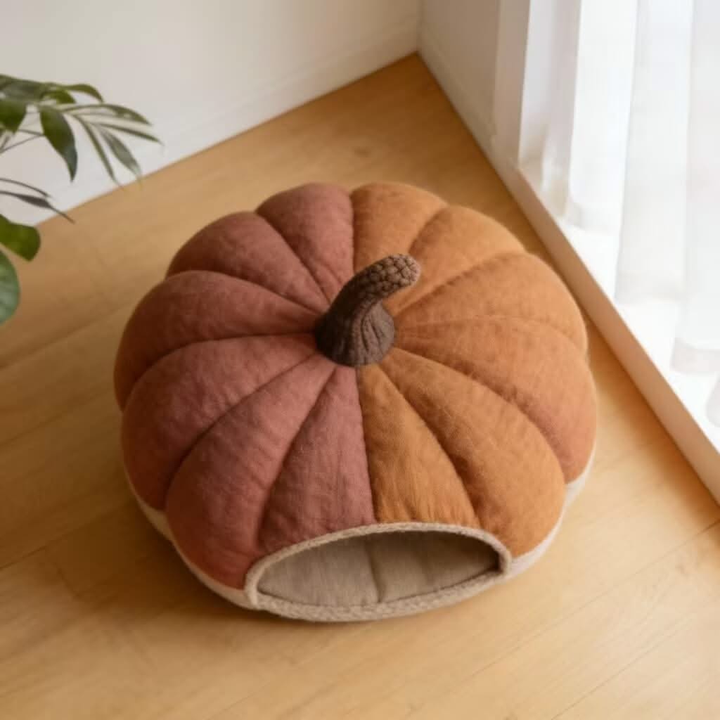 Pumpkin-Shaped Pet Cave Bed for Cats - Orange-Brown, Plush, Warm Secure Hiding Spot