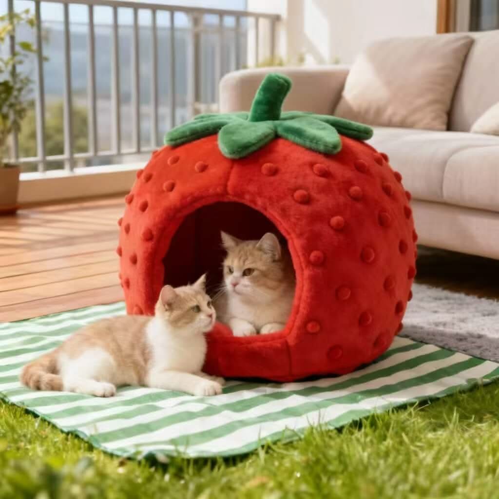 Strawberry-Shaped Pet Cave Bed for Cats - Red-Green, Plush, Cute Dot Decor