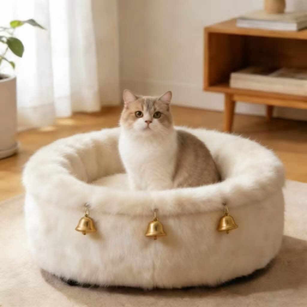 Furry Pet Bed for Cats - White, Round, Gold Bell Decor, Soft Plush