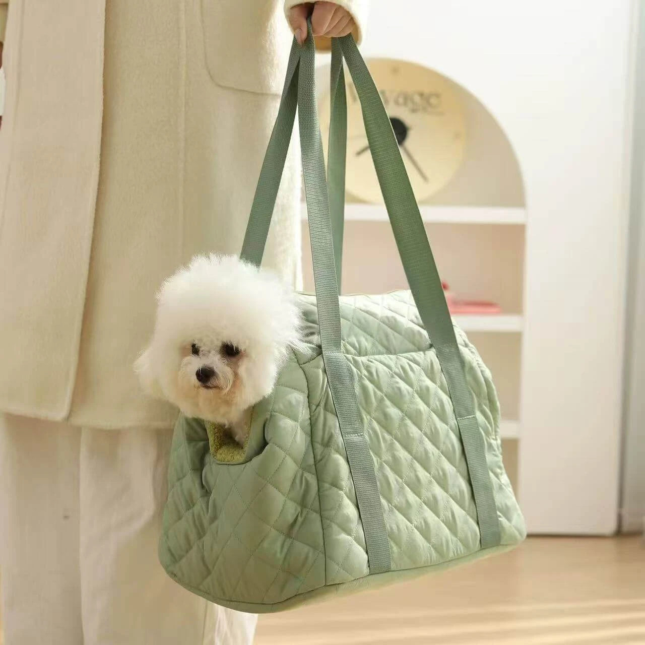 Cozy Quilted Pet Carrier Tote - Visible Window, Light Green