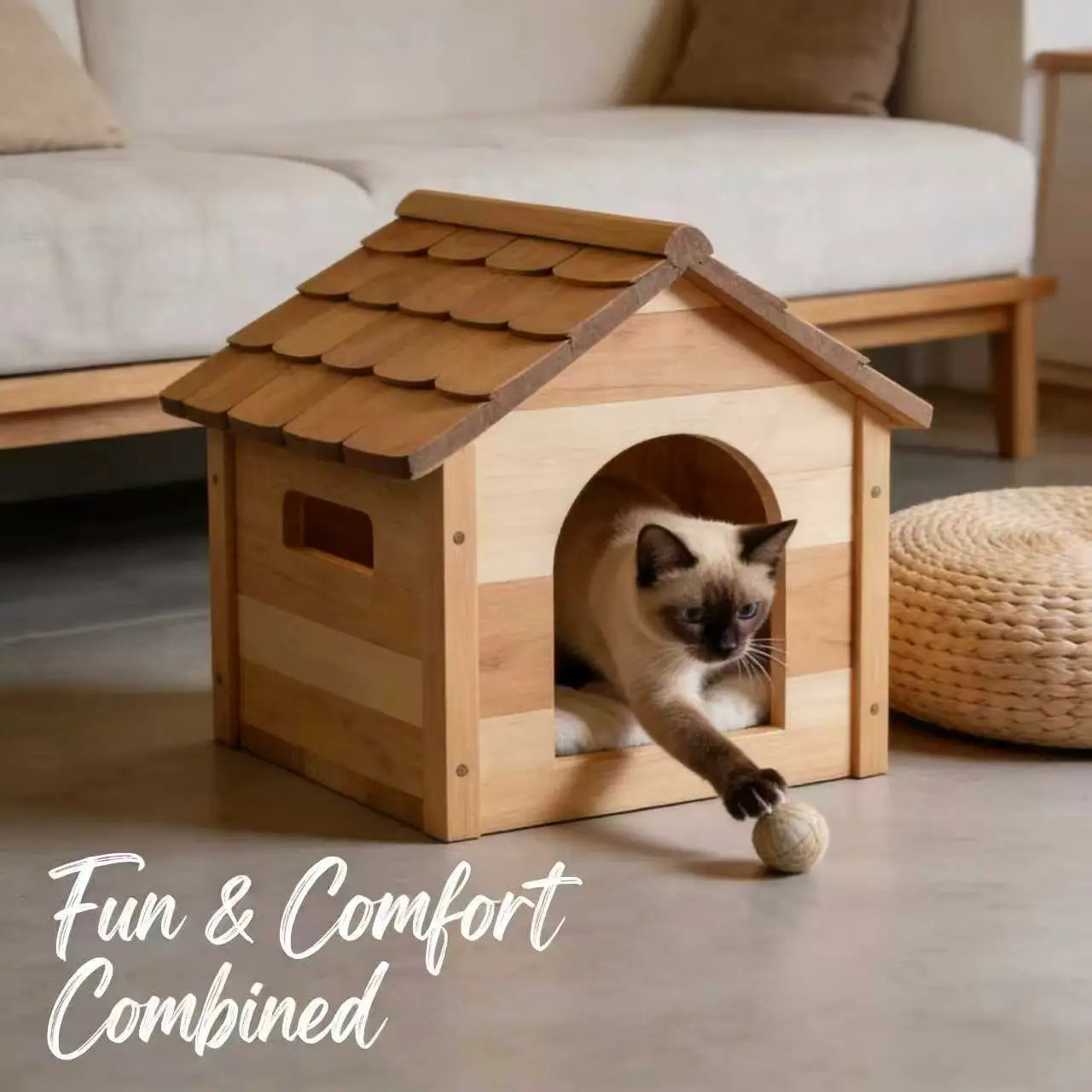 Wooden Cat House with LED Light: Cozy Cottage-Style Shelter with Cushion, for Indoor Cat Comfort