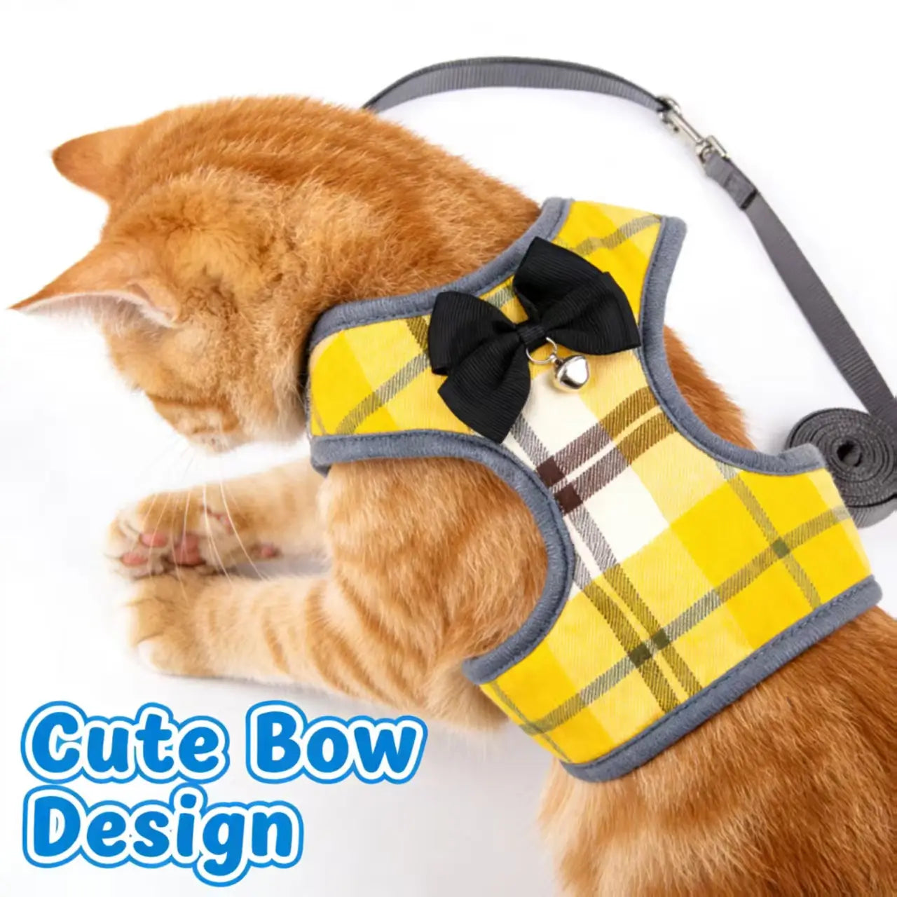 Escape-Proof Cat Harness & Leash: Plaid Print, Bow & Bell Accent