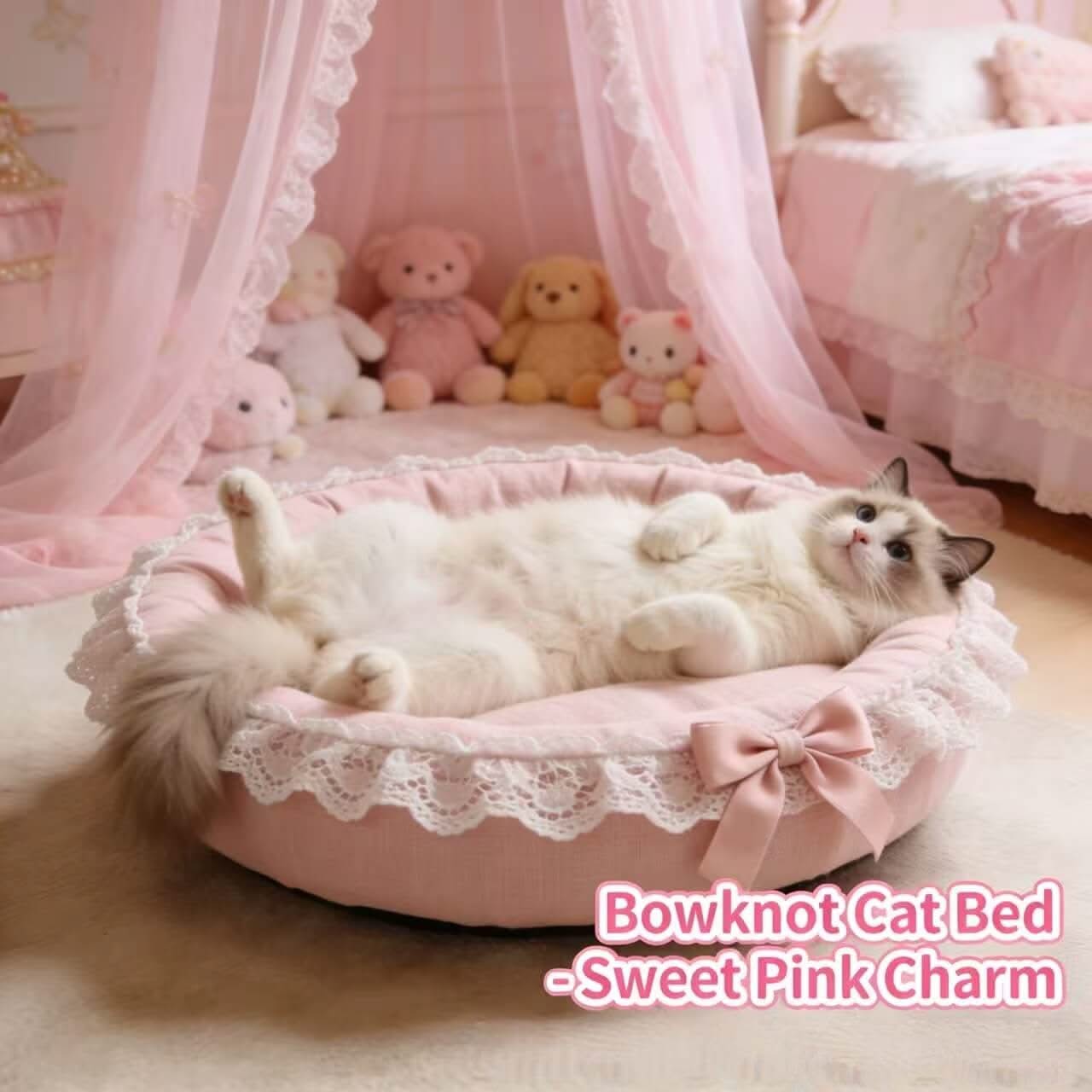 Elegant Lace Pet Bed for Cats - Pink, Bow Decor, Round, Soft Cushion, All-Season