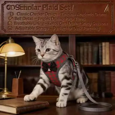 Escape-Proof Cat Harness & Leash: Bow & Bell Accent, Plaid Pattern