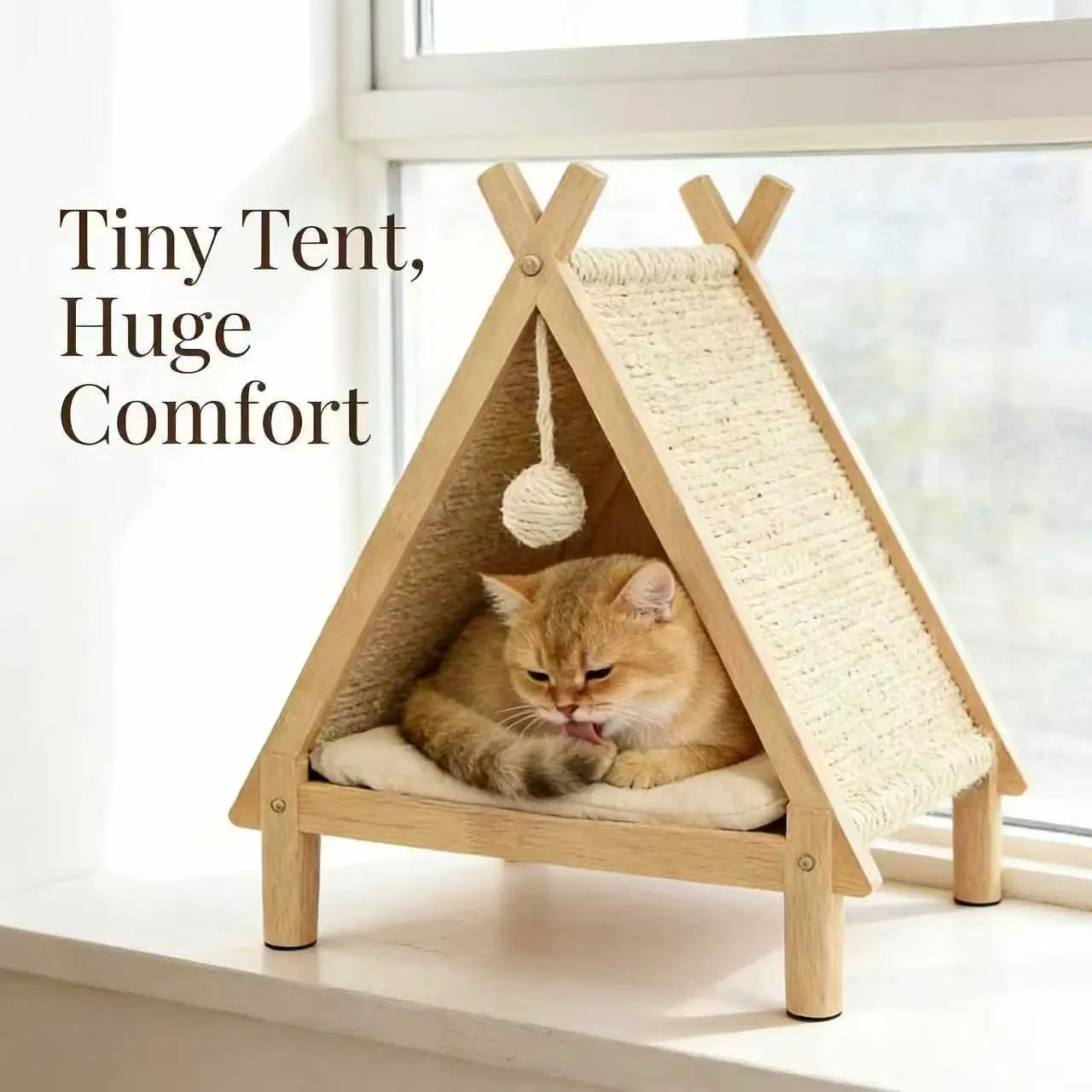 2-in-1 Wooden Cat Teepee & Scratcher: Triangle Hideaway with Cushion & Toy, for Indoor Cat Comfort