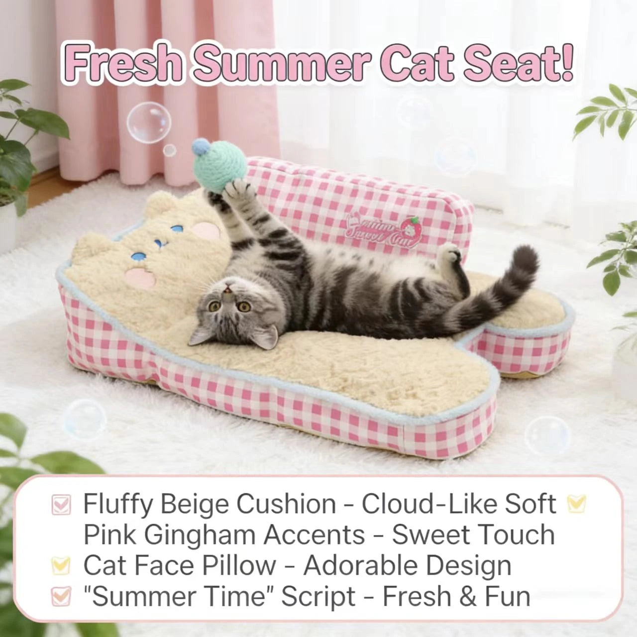 Soft Pet Couch for Cats - Bear Design, Plush + Gingham, Beige/Pink Rest Sofa