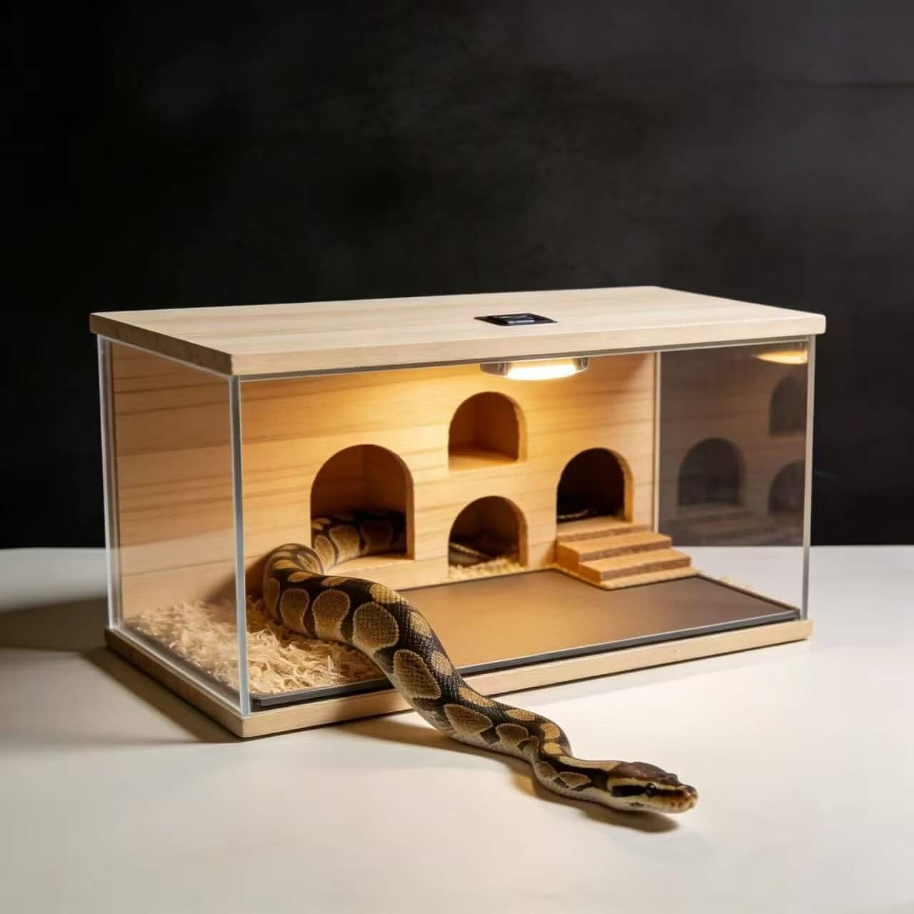 Heated Wooden Multi-Hide Snake Enclosure: See-Through Panels, Tiered Design for Snakes