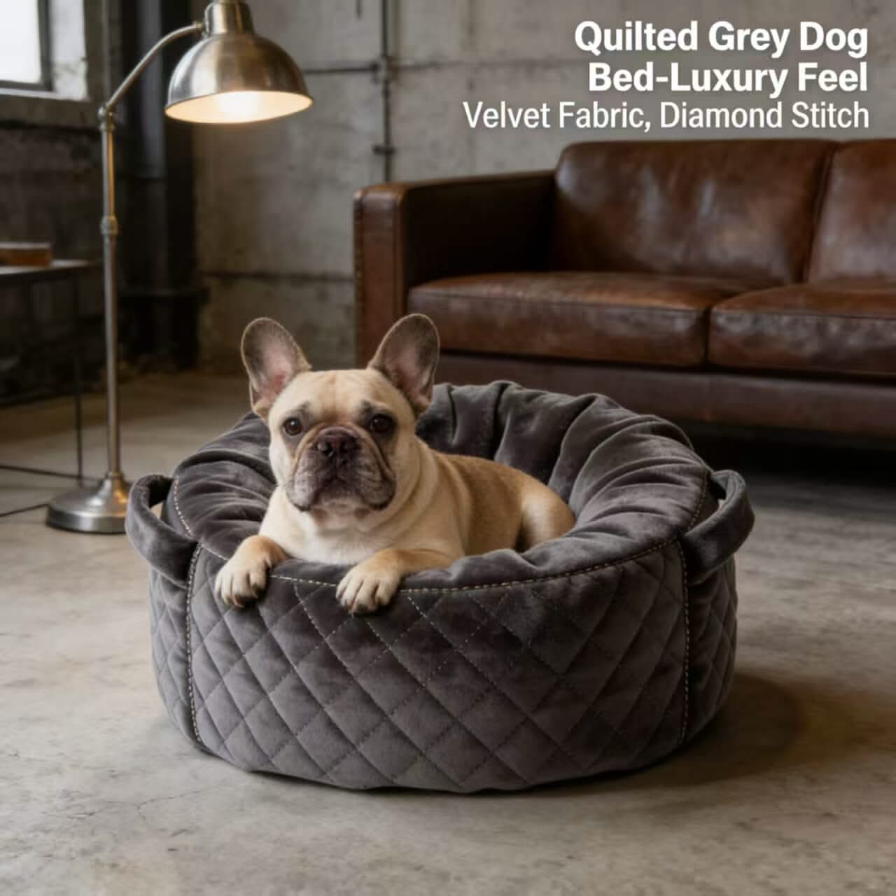 Quilted Dog Bed , Velvet Fabric Diamond Stitch Grey for Small-Medium Dogs