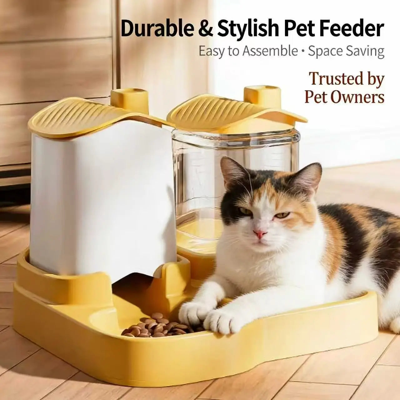 2-in-1 Cat Feeder & Waterer: Space-Saving Design, Easy Assembly (Yellow-White)