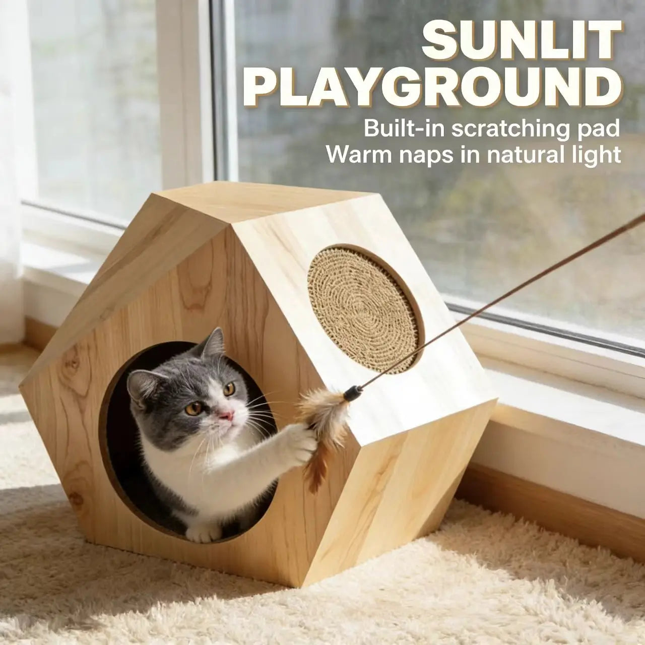 Hexagonal Cat House - Integrated Scratching Pad, Natural Light Wood