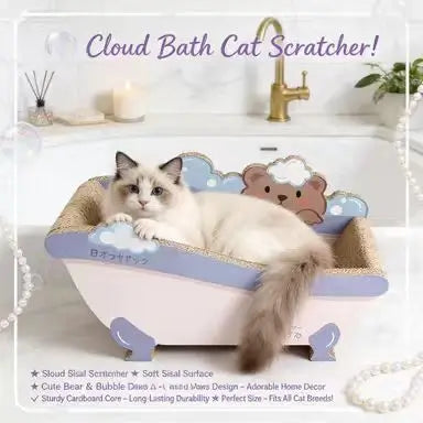 Bath Tub Cat Scratcher: Rest & Scratch, Bear Design, Colorful Surface (Blue-Pink)