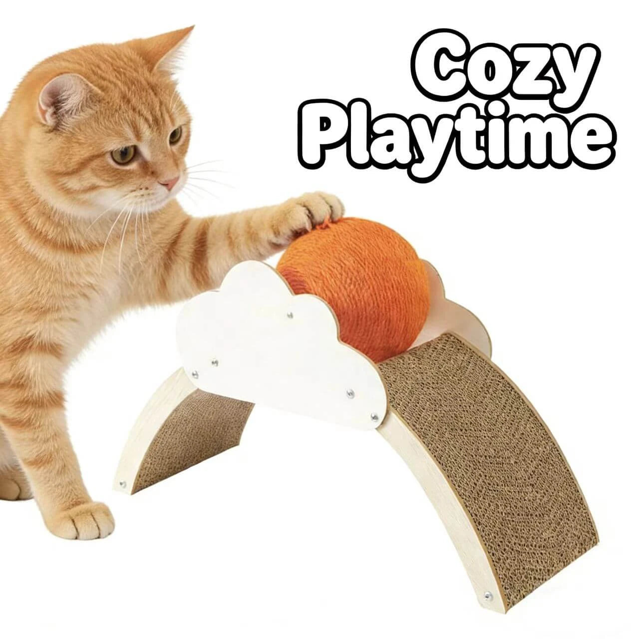 Durable Corrugated Board Cat Scratcher - Cloud Design, Wooden Frame, Toy Ball for Cats