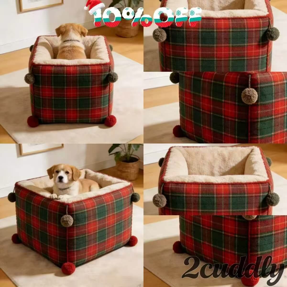 Winter Warmth Pet Bed for Dogs - Red-Green Tartan Plaid, Pom-Pom Decor, Soft Lining