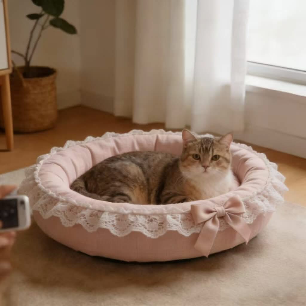 Elegant Lace Pet Bed for Cats - Pink, Bow Decor, Round, Soft Cushion, All-Season