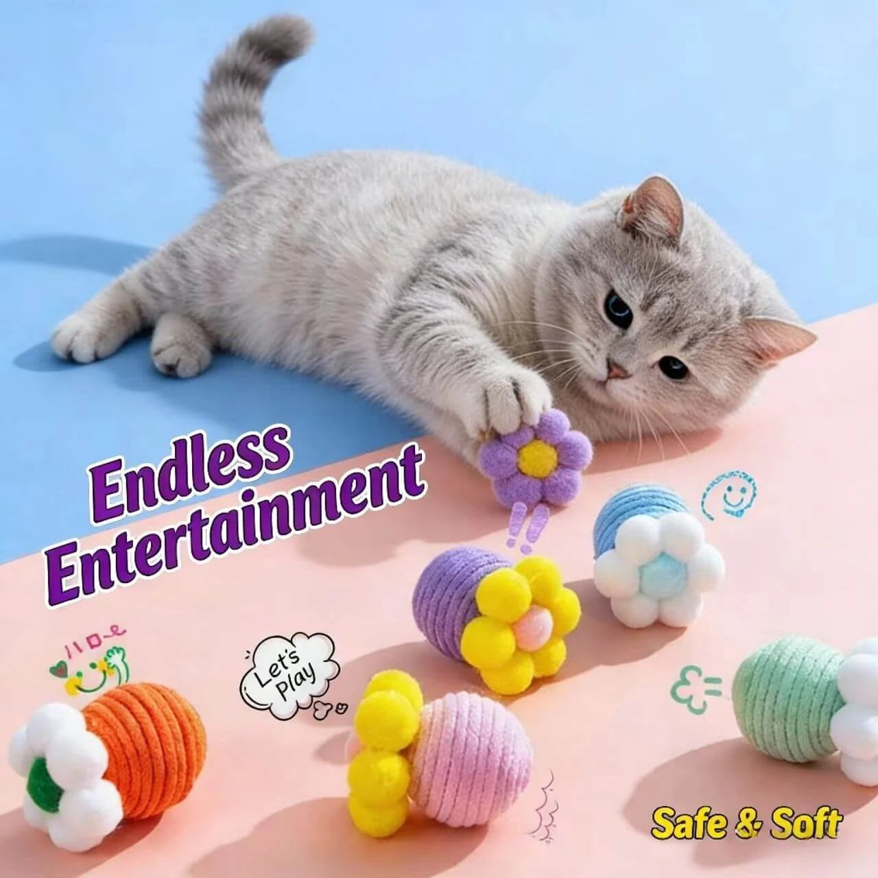 Flower & Yarn Cat Toy Set - Interactive Play, Multi-Color, Safe & Soft