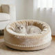 Luxury Pet Bed for Cats - Beige, Round, Pearl Trim, Soft Velvet Fabric
