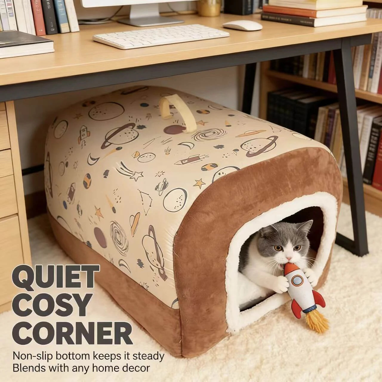 Cozy Enclosed Cat Cave - Foldable, Carry Handle, Warm Plush, Spring Use