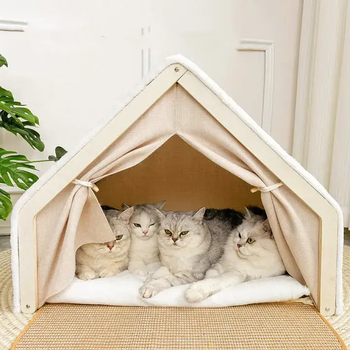 Portable Pet Hideout - House Shape, Ventilated Rattan, Beige & White