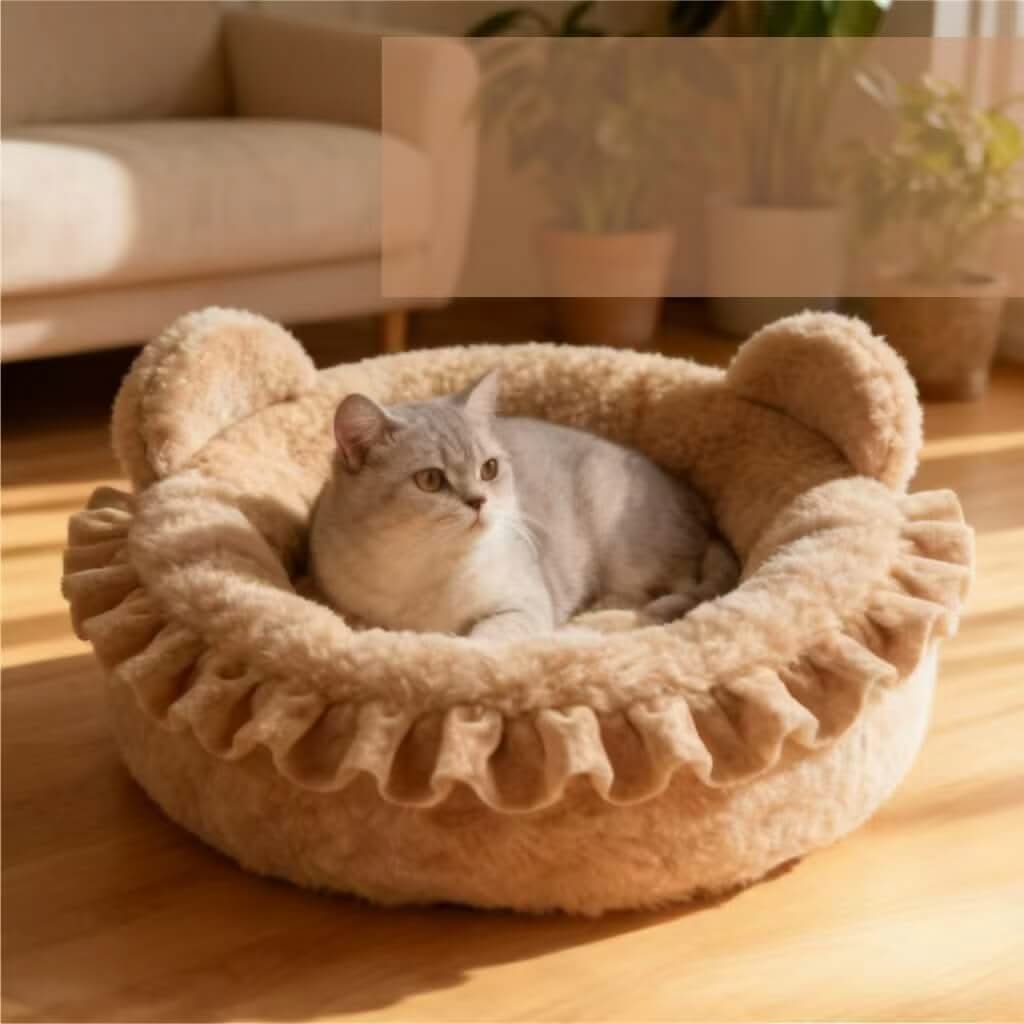 Adorable Ear-Shaped Pet Bed for Cats - Ruffled Trim, Plush Fleece, Beige, Cozy Cushion, All-Season